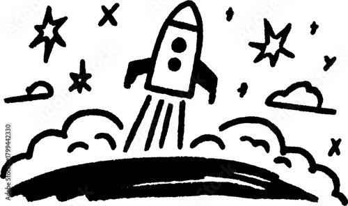 Cartoon rocket launch in a doodle style. Simple black and white vector illustration with stars and clouds, reflecting adventure and exploration.