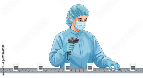 A worker in a cleanroom suit scanning products on a conveyor belt in a sterile manufacturing facility.