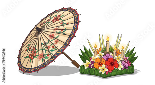 Traditional Asian parasol with floral patterns next to a decorative floating krathong with flowers and lit candles, on a white background.