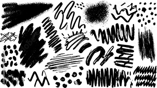 Black brush strokes and textures. Abstract art elements in a vector illustration set showcasing artistic patterns and designs.