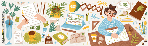 Cozy creative workspace illustration with stationery, notebooks, plants, brushes, laptop, coffee, and a girl journaling. Aesthetic design for craft hobby, home office, icons