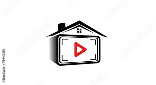 A stylized logo featuring a house outline encompassing a video player screen with a red play button.