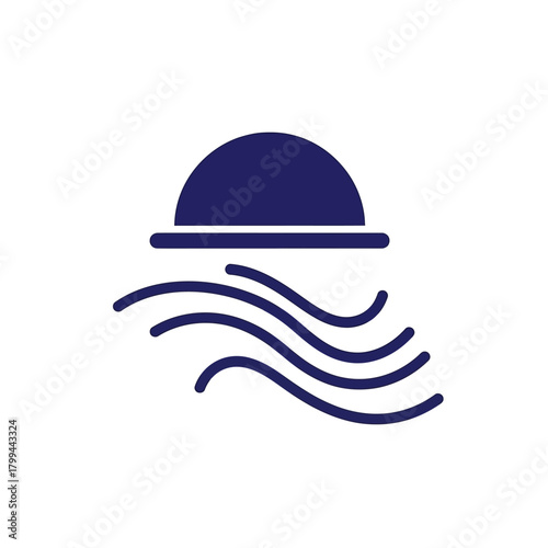 A minimalist dark blue icon depicting a dome-like shape above several wavy lines, symbolizing air, wind, or evaporation.