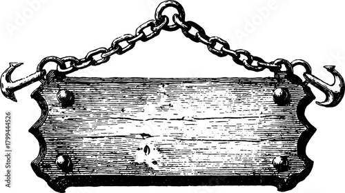 Vintage wooden sign with a chain and hook. Engraved illustration in vector format, suitable for decorative or signage applications as a set.