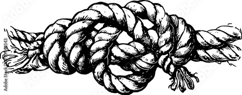 Knotted rope in engraving style. Detailed line drawing illustration, showcasing classic black and white art in vector format.