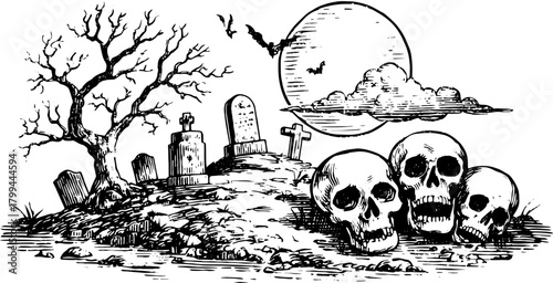 Vintage engraving of a graveyard scene featuring tombstones, skulls, and a tree, presented in a black-and-white vector illustration set.