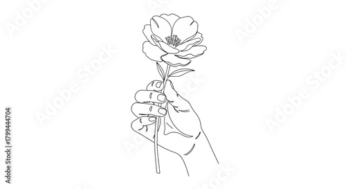 A minimalist line art drawing of a hand gently holding a single blooming flower, rendered in a clean, elegant style.