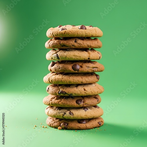 Stack of freshly baked chocolate chip cookies arranged vertically against a vibrant green background