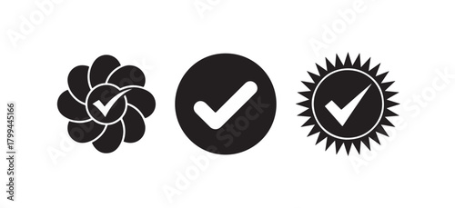 Abstract Checkmark Seal Icons, Modern Approval Badge, Verification Stamp & Trusted Quality Symbol Set
