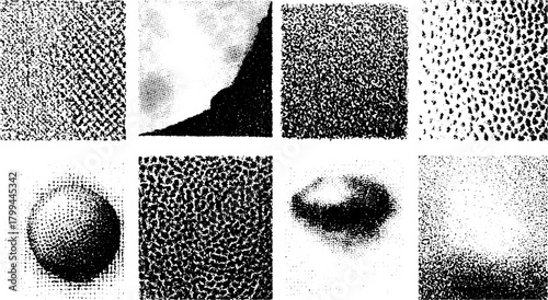 Texture patterns in black and white. Abstract vector illustration showcasing various shapes and gradients in a digital set.