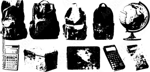 Backpacks, calculators, and globes in a simple design. Vector illustration featuring educational items in a set.