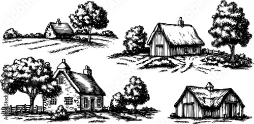 Houses and barns in a rural setting. Black and white line art vector illustration showcasing a simple country landscape set.