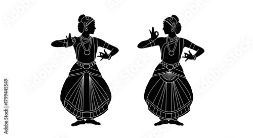 Two elegant silhouettes of Indian classical dancers performing traditional mudras.