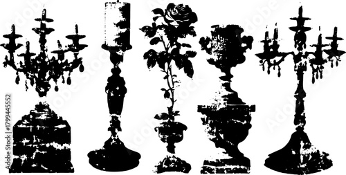 Vintage candelabra, candle, rose, and urn illustrations in black and white. Decorative vector illustration set with elegant design elements.