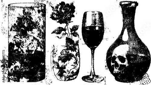 Vintage engraving illustration featuring a rose, wine glass, and skull bottle. This detailed set showcases floral designs in glass containers, highlighting artistry in a retro style.