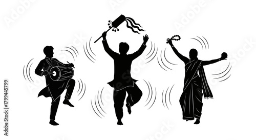 Three silhouetted figures dancing and playing traditional musical instruments, depicting a vibrant cultural celebration.