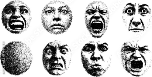 Set of illustrated circle faces showing various emotions: angry, surprised, fearful, and scowling in black and white dot style vector illustration.