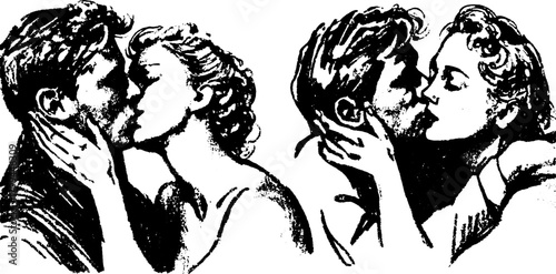 Engraving of a couple kissing in black silhouette style. Antique vector illustration capturing romance with a classic artistic touch.