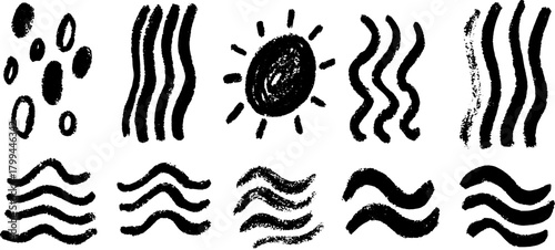 Stroke and line illustrations with black outlines and hand-drawn textures. Abstract doodle elements in a vector illustration set.