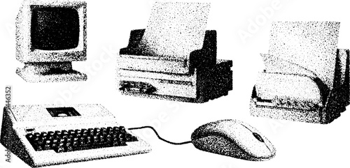 Vintage computer set including monitor, mouse, and printer in silhouette. Hand-drawn, black outline vector illustration captures retro technology.