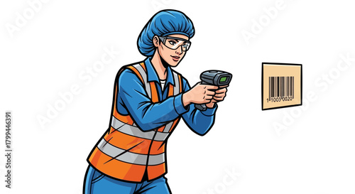 A female worker in safety gear scanning a barcode on a package in an industrial or warehouse setting.