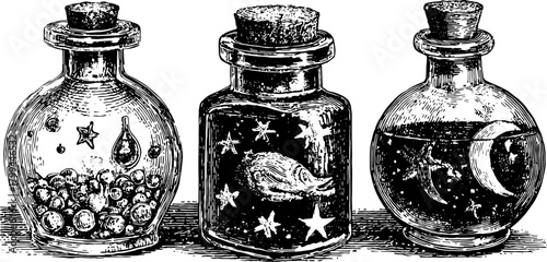 Antique bottles illustrated with engraved patterns and mystical elements like stars. Detailed black-and-white vector illustration.