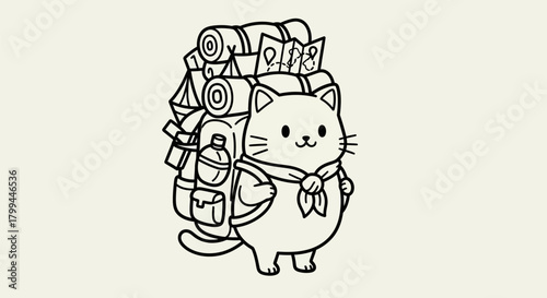A cute cartoon cat with a large, heavily packed backpack, ready for an adventure or journey, drawn in a simple line art style.