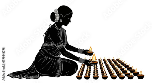 A silhouette of a traditional Indian woman lighting many small oil lamps (diyas) arranged in rows, celebrating a festival.