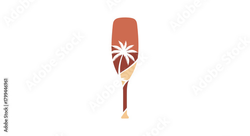 Stylized flat vector illustration of a paddle with a palm tree design, evoking a tropical island theme and summer vacation.