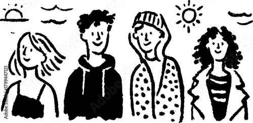 Group of friends in a simple black and white vector illustration. Casual and fashionable, this artistic set captures a cheerful outdoor vibe.