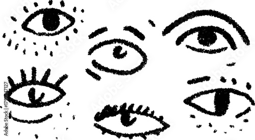 Eye illustrations in black and white. Simple hand-drawn vector set showcasing unique visual expressions and textures.