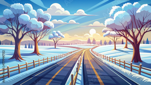 A peaceful rural roadway stretching through wide snowy fields, lined with frosted trees and softened by gentle winter light, creating a serene and quiet countryside atmosphere