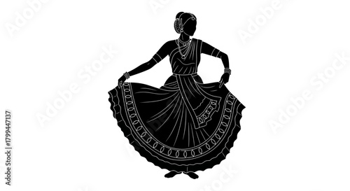 A black silhouette of a woman performing a traditional Indian classical dance, holding her skirt in a graceful pose.