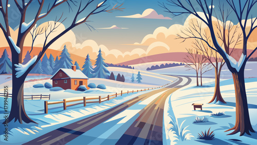 A simple and calm winter scene featuring a country road coated in snow, surrounded by bare trees and open land, reflecting the stillness and purity of a snowy winter day