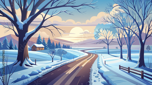 A gentle winter view showing a countryside road winding through tall trees layered in snow, capturing the quiet charm and purity of rural nature in winter