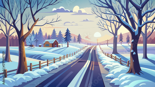 A simple and calm winter scene featuring a country road coated in snow, surrounded by bare trees and open land, reflecting the stillness and purity of a snowy winter day