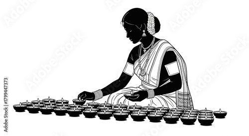 An illustration of a woman in traditional attire sitting on the ground, surrounded by many lit oil lamps (diyas), preparing for a festival of lights.
