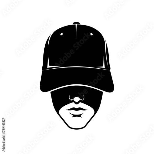 A minimalist black and white illustration of a person wearing a baseball cap, with their face obscured by the brim, showing only the nose and mouth.