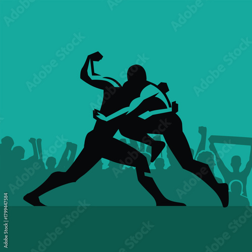 wrestling illustration, wrestling logo, two men fighting, wrestling silhouette logo, fighting community, wrestling championship