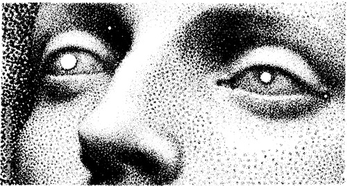 Closeup of an eye in black and white style. Monochrome vector illustration with dot texture showcasing detail and visual contrast.