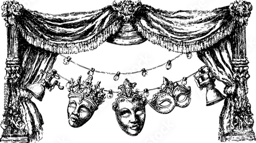 The illustration features vintage theater masks hanging from a decorative curtain. This black and white vector art captures elements of elegance and theatricality.
