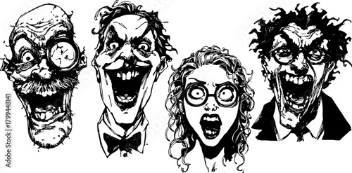 Engravings of expressive faces in a vintage style. Set of hand-drawn illustrations featuring cartoon characters in black outline vector design.