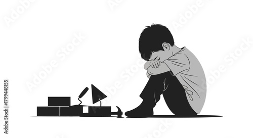 Monochromatic illustration of a sad young boy sitting next to unfinished building blocks and tools, depicting feelings of despair or failure.