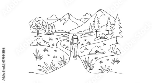 Black and white line art drawing of a person hiking on a winding path through a scenic mountain landscape with trees and bushes.