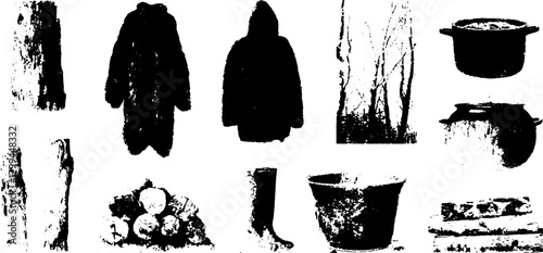 Set of object silhouettes including clothing and cookware in a forest. Black and white vector illustration showcasing various textures and elements.