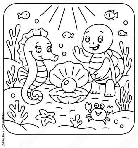 Cute Turtle and Seahorse Discovering a Pearl – Underwater Kids Coloring Page