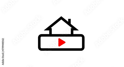 Icon of a house with a video play button, symbolizing home media or real estate video content.
