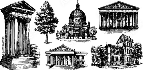 Antique architecture in engraving style. Detailed black line illustration showcasing historical buildings in a vintage set.