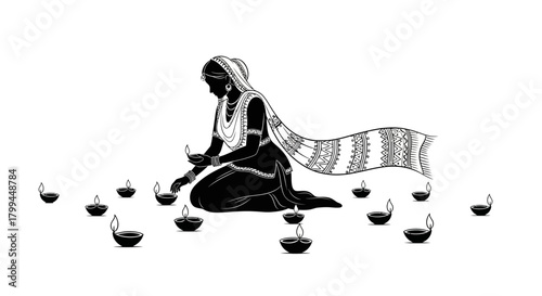 A detailed black and white illustration of an Indian woman lighting traditional oil lamps (diyas) for a festival.