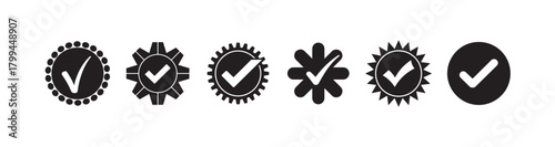 Checkmark Seal Badges in Black, Quality Approval and Verified Icon Set, vector illustration EPS 10.